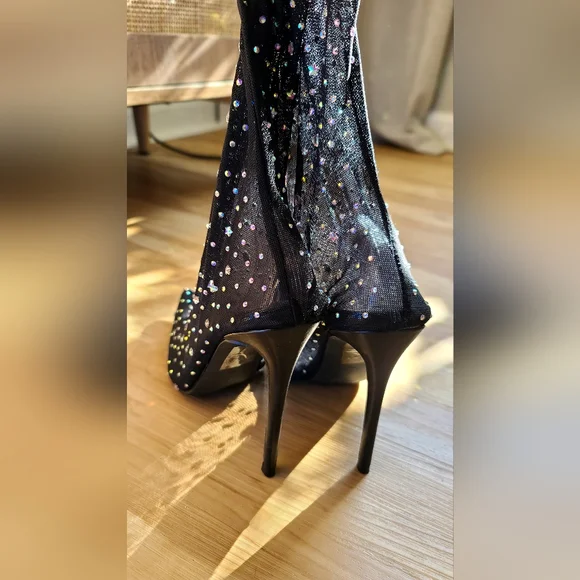 Stiletto rhinestone Bootie In Black a mid calf high shaft - Picture 7 of 7